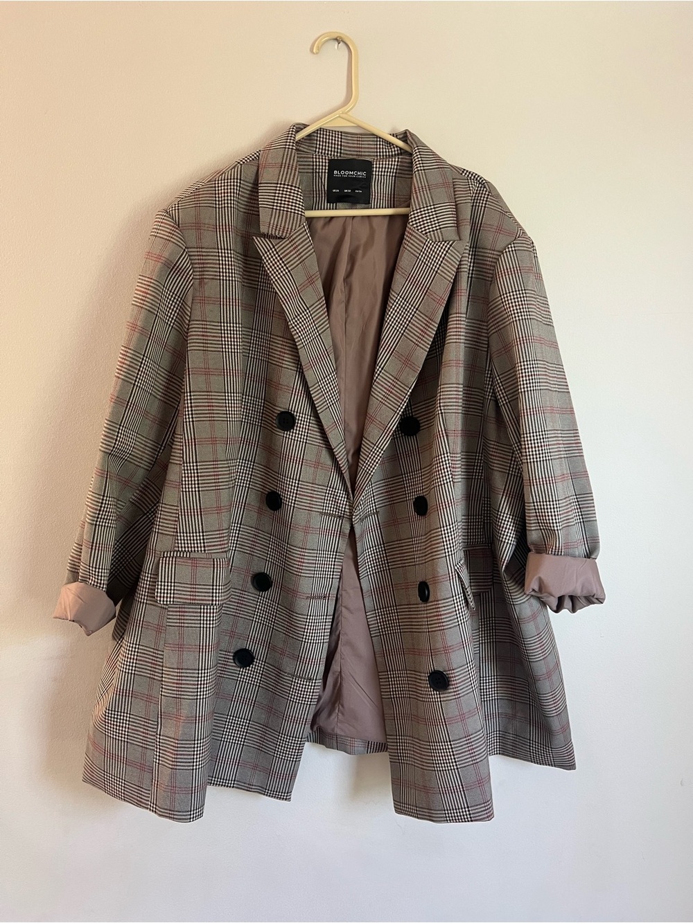Bloomchic Plaid Double-Breasted Women's Blazer Jacket - Taupe/Beige